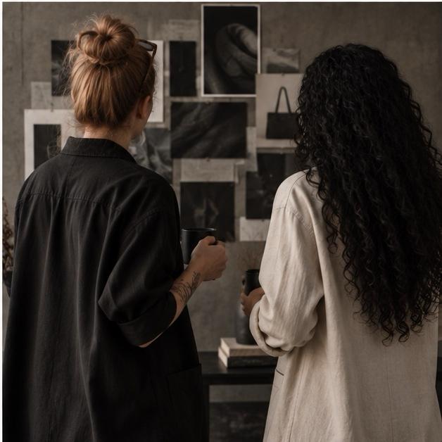 Die beiden Gründer von ReUp vor einer Moodboard-Wand