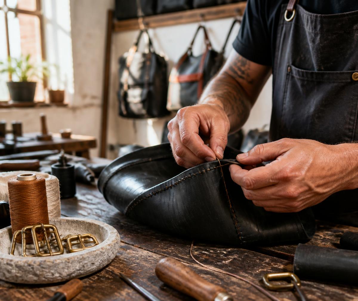 Craftsman hand-stitching a reclaimed tyre tube in the ReUp workshop